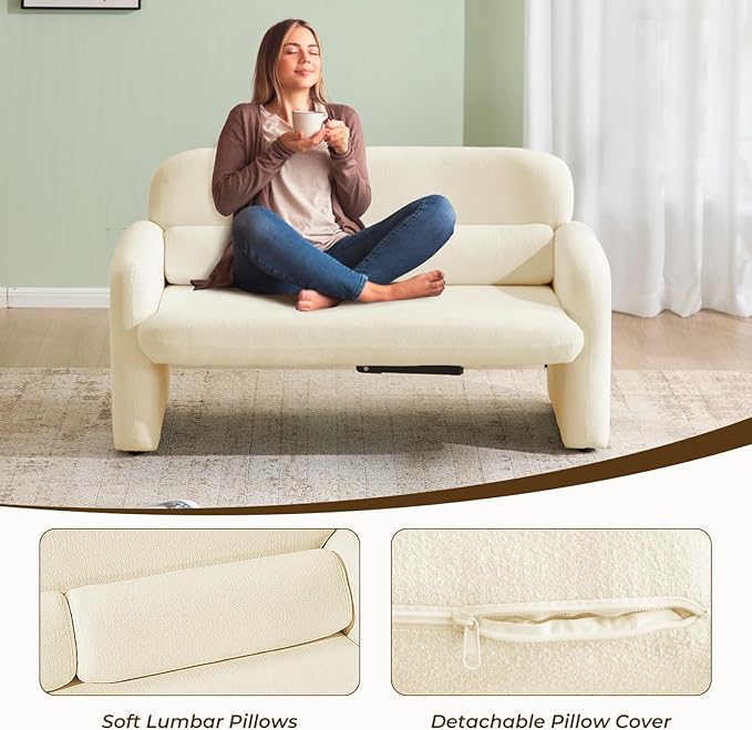Furnimart Modern Loveseat Sofa 54 2-Seater Boucle Sofa Comfy Upholstered Minimalist Couch Small Couches for Small Spaces Apartment Office Living Room Bedroom Dorm Chenille White