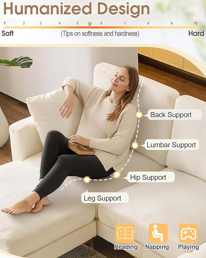 Karl home 99.6 Sectional Sofa U-Shaped Chenille Upholstered Couch with 2 Movable Ottomans 3-Seater Cloud Couches Comfy Deep Seat Sofa for Living Room Apartment Office Creamy