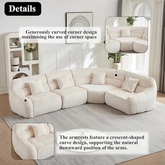 123 L-Shaped Corner Sectional Sofa with Curved Edge Modern Chenille Modular Cloud Couch High Back Oversized 4-Seater with 4 Pillows No Assembly Required Beige