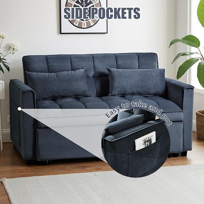 3 in 1 Sleeper Sofa Bed Pull Out Couch Convertible Futon Loveseat with krest Dinotefuran Living Room Chaise Lounr Home Apartment Office Black