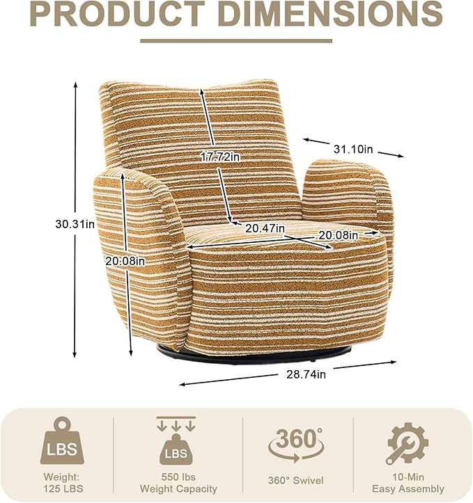 360° Swivel Accent Chair with Armrest Modern Striped Upholstered Lounge Chair Stable Round Base &amp Sturdy Metal Frame Armchair for Bedroom Living Room Office &amp Vanity (Mustard Yellow)