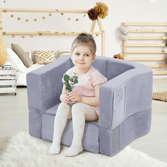 Toddler Travel Bed 2-in-1 Foldable Portable Toddler Bed Sofa Chair Soft Baby Kids Travel Floor Cot with Washable Covers Safety Foam Raised Bumper for Camping Hotel Sleeping (Grey)