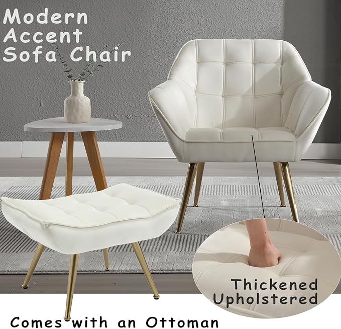 Velvet Accent Chair with Ottoman Modern Upholstered Reading Chair with Ottoman Comfy Lounge Armchair with Gold Metal Legs for Small Spaces Living Room Bedroom Book Nook Off White