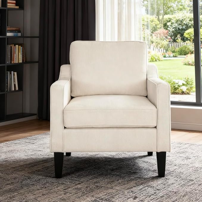 Accent Chair for Living Room Mid-Century Armchairs for Small Spaces Chenille Upholstered Comfy Reading Armchair with Studded for Bedroom (White-A)