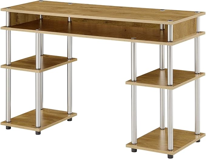 Convenience Concepts Designs2Go No Tools Desk Home Office Desk with Shelves Corner Shelf Vanity Desk Computer Desk Nail Table for Nail Tech - 47.25 L x 15.75 W x 30 H English Oak