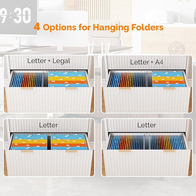 VINGLI 2 Drawer File Cabinet Home Office Filing Organizer for Letter Legal A4 Size File Folder Storage Modern Style Fluted Design Wood Lateral Filing Cabinet Printer Stand Archivador White