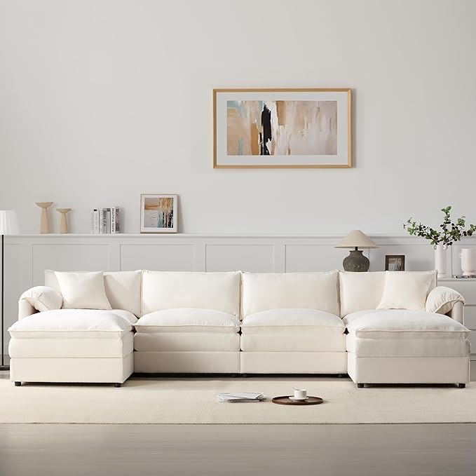 136 Chenille U-Shaped Modular Sectional Sofa with Deep and Wide SeatCloud Couch Set with Double Cushions6 Seat Sofa with Movable Ottomanfor Living Room Apartment Office (Cream#h)