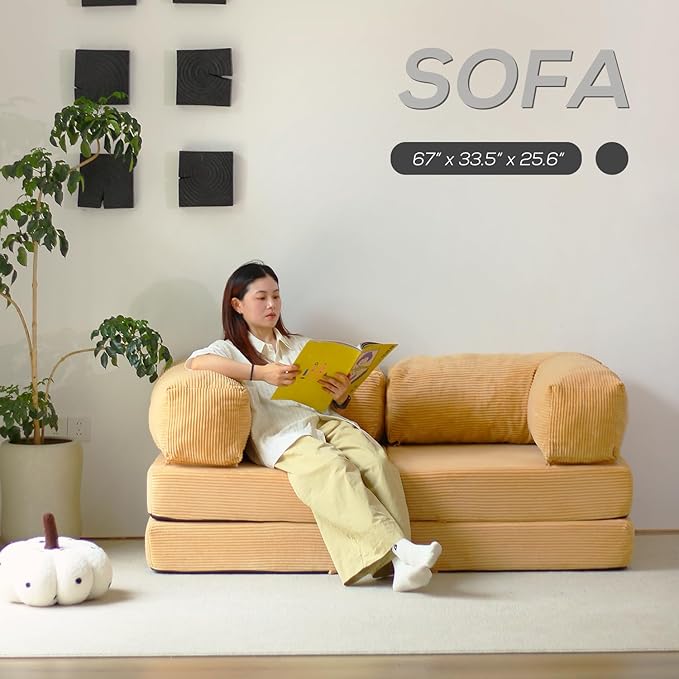 Free Combination Convertible Folding Sofa Bed Armless Foam Floor Sofa Sleeper Floor Couch for Living Room and Bedroom Sleeper Chair with Pillow Twin Size (Beige)