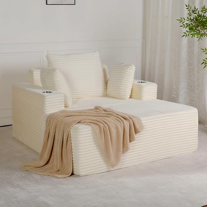 54W Oversized Chaise Lounge Chair Indoor Boneless Chaise Lounge Couch Convertible Comfy Reading Chairs Corduroy Sleeper Chair Couches for Living Room Compression Sofa with Ottoman Beige