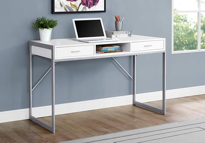 Penau Computer Desk for Home Office Modern Laptop Workspace with Storage Drawers 48 Inch White Laminate Finish and Grey Metal Base