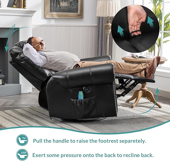 MEETWARM Massage Swivel Rocker Recliner with Heat and Vibration Manual Glider Rocking Recliner Chair 360°Swivel Lounge Reclining Chair with Remote Control/USB Ports for Living Room(Black)