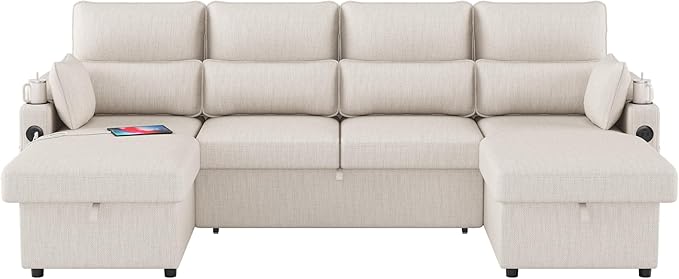 Sectional Sleeper Sofa with Pull Out Couch Bed with Storage Chaise for Living Room Comfy Linen Modular Sectional Sofa with Dual USB &amp Type-C Cup Holders (Beige 105 Inches)