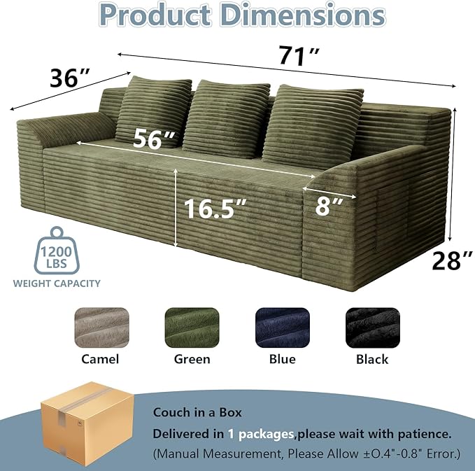 71Cloud Loveseat SofaModern 2-Seater Boneless Couch with 3Pillows &amp Side PocketSoft Corduroy Love seatCompressed FoamDeep SeatNo Assembly for Living RoomBedroomApartment(Tilted ArmrestGre