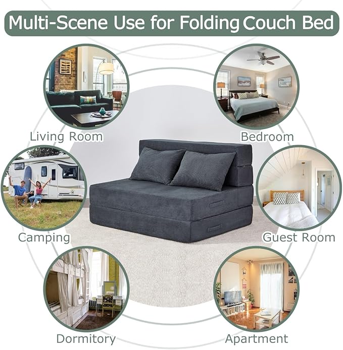 Folding Sofa Bed 4 in 1 Convertible Sleeper Chair with Pillow Twin Memory Foam Fold Out Chair Bed Modern Floor Futon Sofa Couch Mattress for Living Room/Guest/Apartment Dark Grey