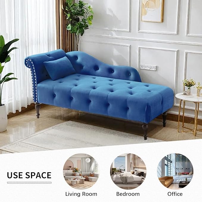 60 Modern Velvet Chaise Lounge IndoorUpholstered Lounge Chair with Left Armrest and Lumbar Pillow Button Tufted Lounge Sofa for Living Room Bedroom OfficeMini Chaise Longue Sofa (Blue)