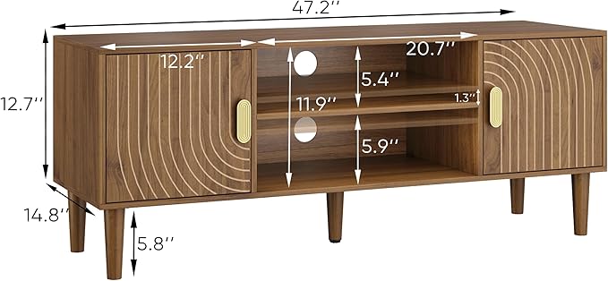 Smuxee Walnut TV Stand with Line Groove Design 47.2 Mid Century Modern TV Media Console for TVs up to 55 TV Cabinet with Adjustable Shelf &amp 2 Cabinets for Living Room