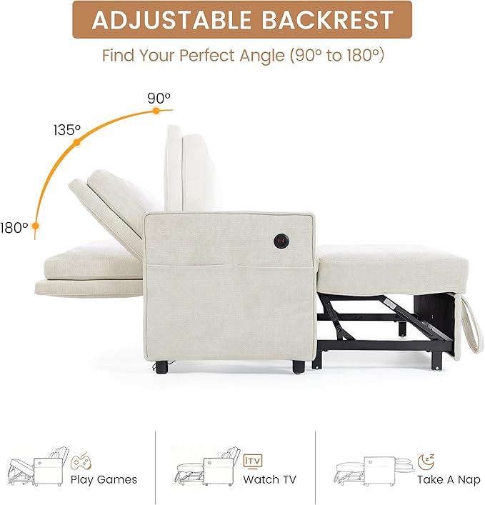 Convertible Sofa Bed 3-in-1 Sleeper Sofa with Pull-Out Bed Chenille Couch Folding Loveseat USB Ports &amp Adjustable Backrest Modern Loveseat for Living Room Apartment Beige