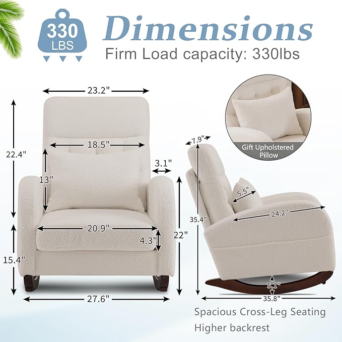 VINGLI Teddy Fleece Low Seat Rocking ChairBoucle Upholstered Nursery Glider Chair with Side PocketsAccent Arm Chair with High BackrestComfy Head RestSolid Woodfor Living Room BedroomBeige