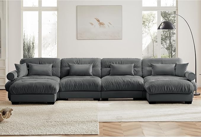 Oversized Modular Sectional Sofa 166 Inch U Shaped Couch Set for Living Room 4-Seater Comfy Velvet Cloud Couches with Movable Ottoman Round Bolster Armrest Grey