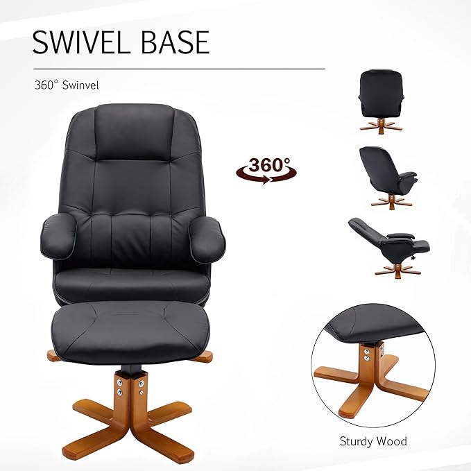 Recliner Chair with Ottoman Swivel Recliner Chair with Wood Base for Livingroom Bedroom Faux Leather BeigeBlack