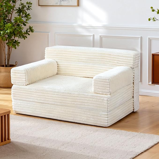 Folding Sofa BedConvertible Sofa Bed with Armrest Foldable Sleeper Chair Portable Folding 4-in-1 Floor Sofa with Convertible Lounge Chair for Living RoomBedroomWashable CoverWhite Single