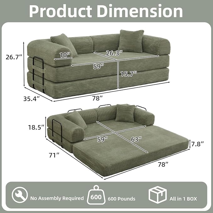 Convertible Folding Sofa BedFold Out Floor Sofa Couch with Fixed-Shape FrameCorduroy Foldable Mattress Cloud Couch for Living Room Bedroom (Light Green 78 Inch)