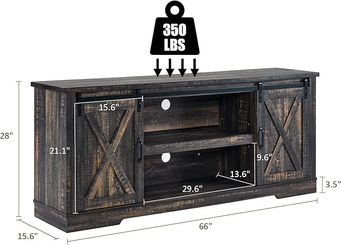AMERLIFE 66 Farmhouse TV Stand for 75 Inches TVs Entertainment Center with Sliding Barn Door and Adjustable Shelf &amp Feet Console Table with Storage Dark Rustic Oak