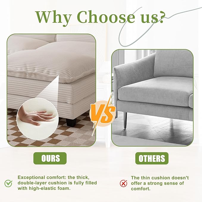 113 Modular Sectional Sofa L Shaped Cloud Couch with Movable Ottoman Comfy Corduroy Deep Seat Sofa with Cup Holders Storage Bags Couches for Living Room