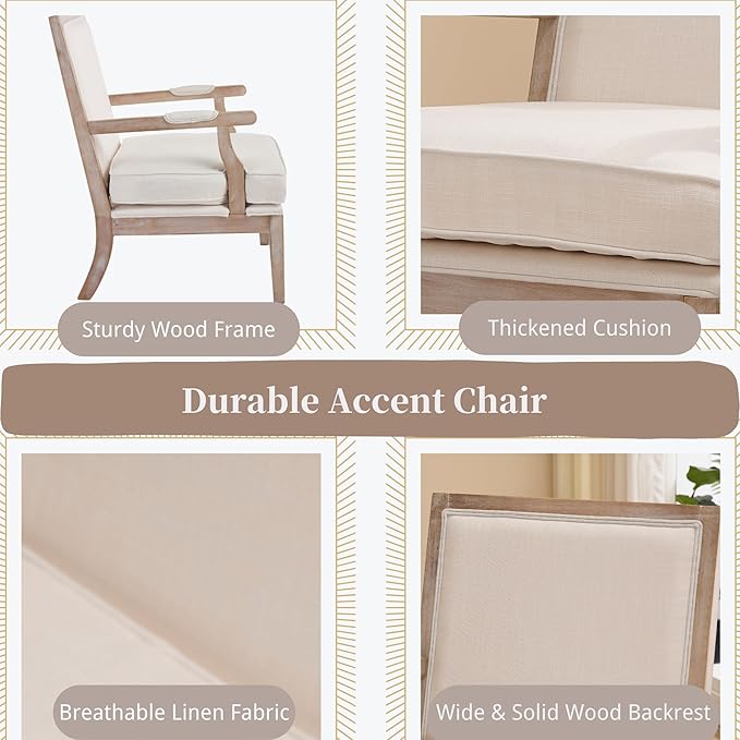 chairus Farmhouse Linen Accent Chair Set of 2 Upholstered Reading Chair with Solid Wood Frame Lounge Arm Chair with High Back for Living Room Reception Room Waiting Room Beige