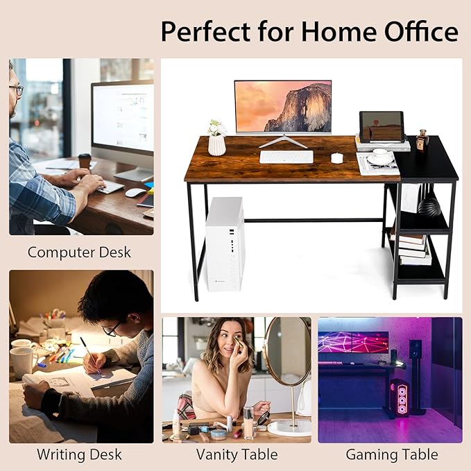 Tangkula 55” Computer Desk Large Home Office Desk with 2-Tier Storage Shelves Modern Laptop PC Desk with Heavy-Duty Steel Frame Multipurpose Writing Desk Study Desk (Rustic Brown)
