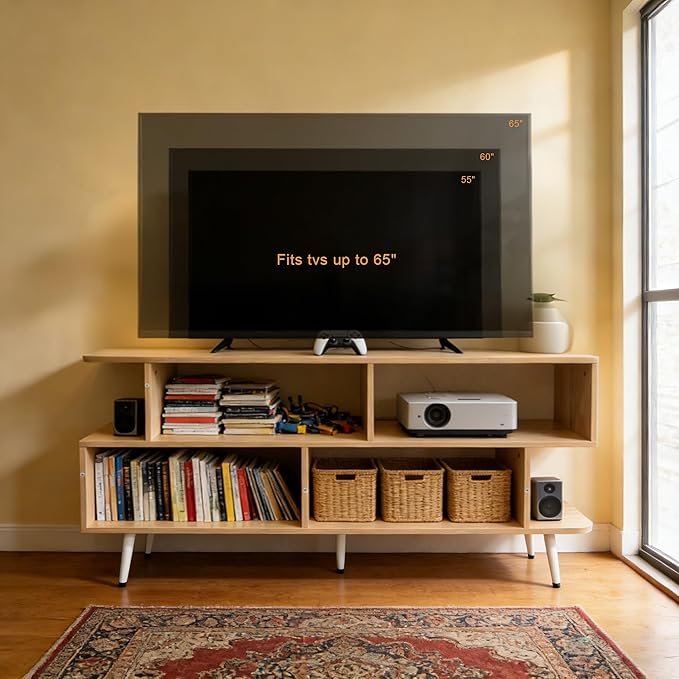 Lightdot 55 Inch TV Stand up to 65 Inch TVs Large Storage for Collection with 6 Open Shelves Sturdy Media Console Table for Living Room/Entrance/Kitchen/Sofa Cabinet Easy Assembly Walnut