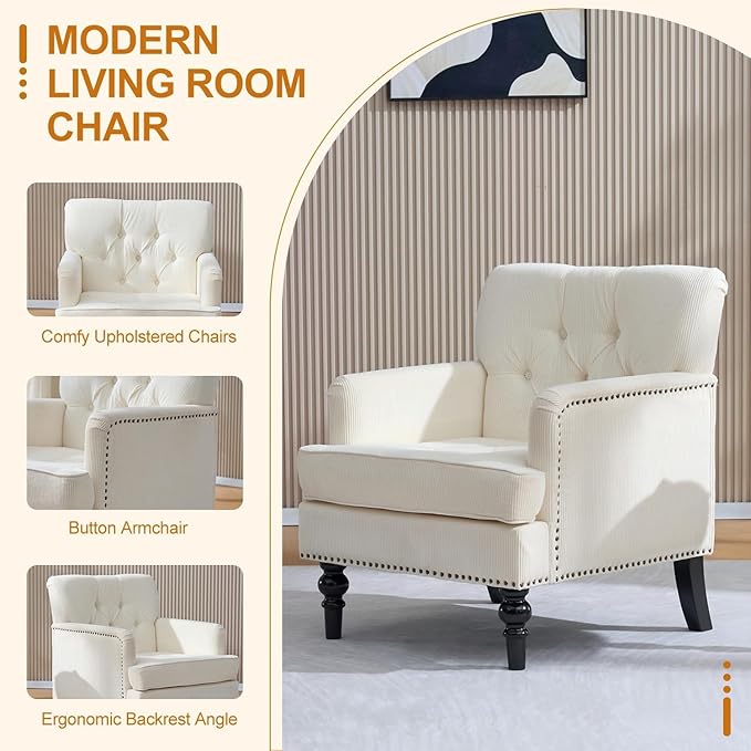 Mid Century Modern Accent Chair Upholstered Armchair for Adults with Button Linen Reading Chair with Studded and Rubber Wood Legs for Living Room Bedroom Apartment Office (Beige)