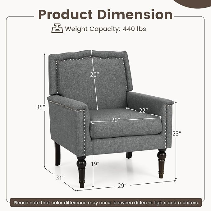 Giantex Mid-Century Modern Accent Chair Grey Linen Fabric Upholstered Armchair w/Rubber Wood Legs Nailhead Trim Max Load 440 Lbs Comfy Single Sofa Side Chair for Living Room Bedroom