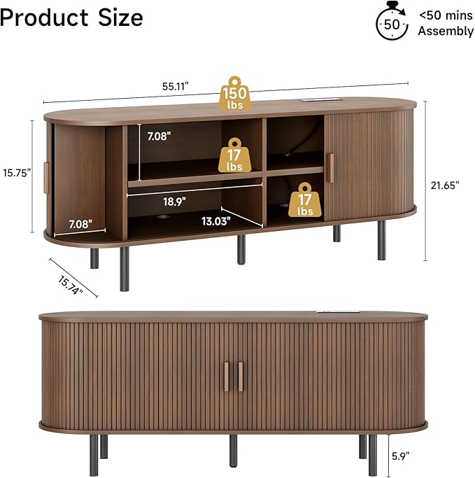 ONBRILL 55 TV Stand with Power Outlet for TVs up to 60 Inch Entertainment Center with Storage and Adjustable Shelves Modern Media Console with Sliding Doors for Living Room Walnut