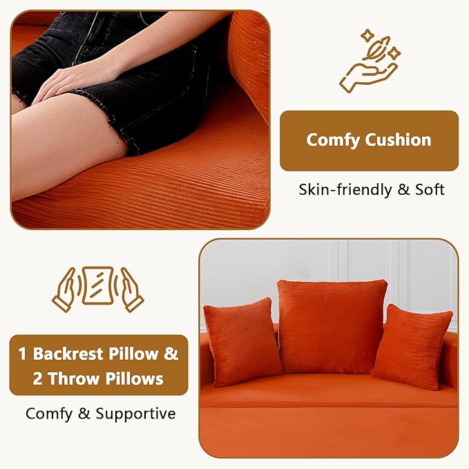 67” Foldable Couch Bed Corduroy Round Floor Couch with 3 Comfy Pillows 2 in 1 Convertible Sofa Bed for Living Room Apartment 380 LBS Capacity No Assembly (Orange)