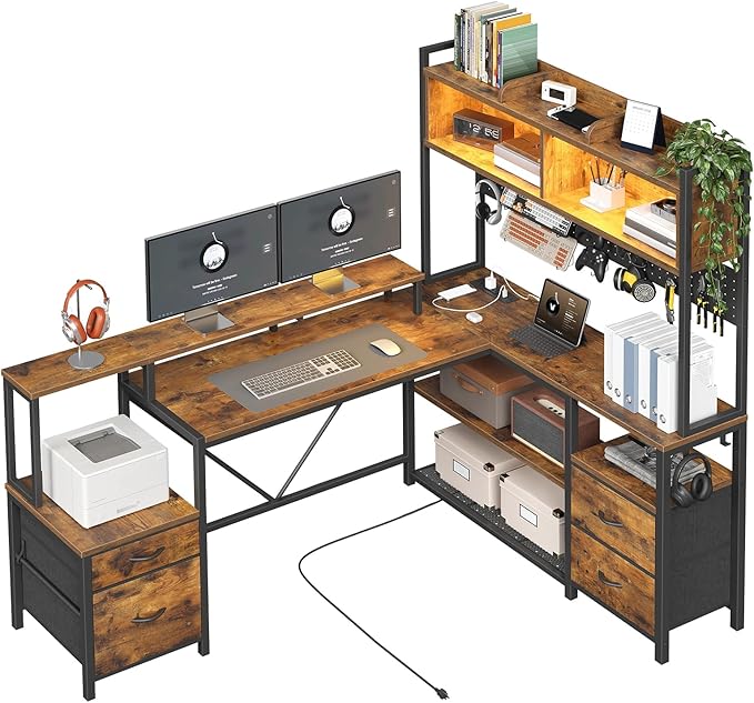 75inch L Shaped Computer Desk with Drawers Large Gaming Desk with LED Light &amp Power Outlets Corner Computer Desk with Storage Shelves &amp Monitor Stand for Home OfficeRustic Brown and Black