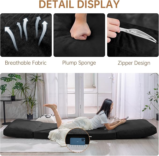 tantohom Floor Sofa Bean Bag Bed Foam Filling Fold Full Floor Mattress with Washable Soft Faux Fur Cover Floor Couch for Bedroom Living Room (Black Small)
