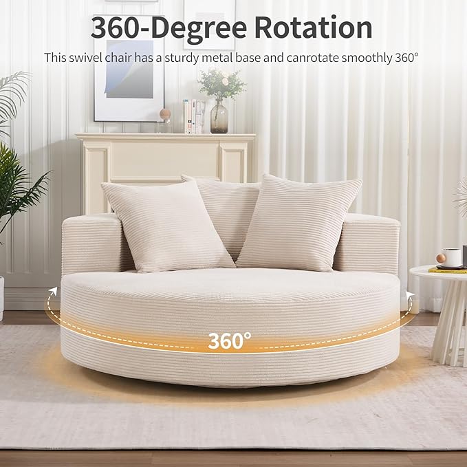 CANMOV Oversized Round Swivel Chaise Longue Chair Indoor Upholstered Corduroy Deep Seat Cloud Large Circle Sofa Chair Modern Single Cloud Sofa Bed for Living Room Bedroom Apartment Office Beige