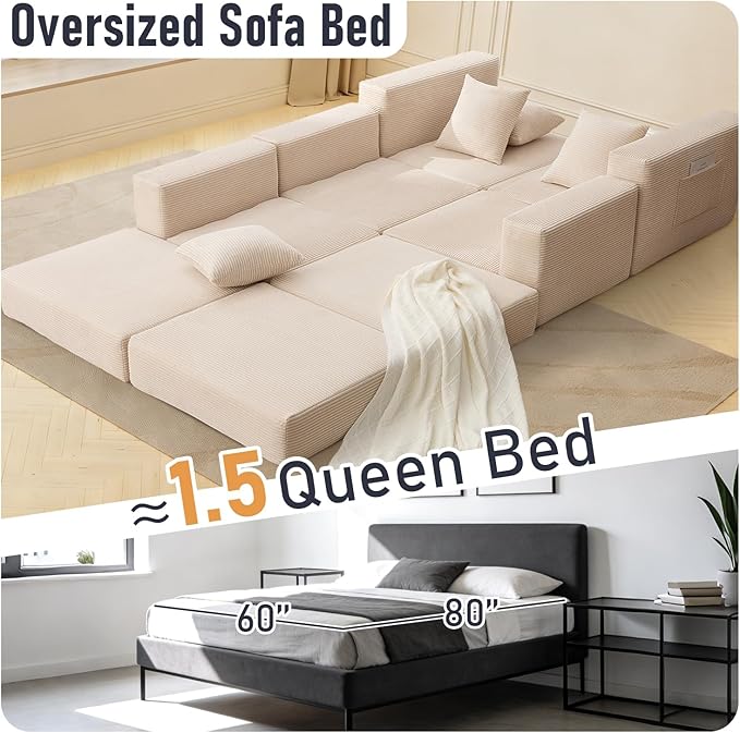 102 Upgraded L-shaped Modular Sectional Couches for Living Room Convertible Oversized Sleeper Sofa Bed-Luxury 1.5 Queen Bed. 11-in-1 Multifunctional Corduroy Boneless Folding Futon Couch Beige.