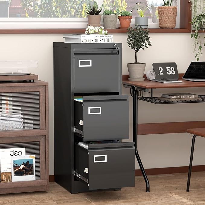 3 Drawer Small Storage Cabinet Organizer File Cabinet with Lock Under Desk Locking Drawers Filing Cabinets for Home OfficeBlack