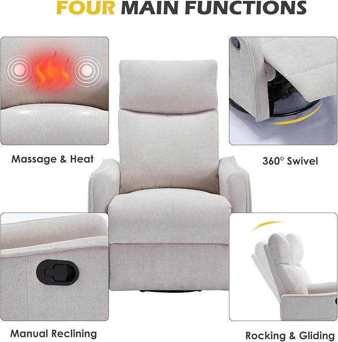 Swivel Rocker Recliner Chair 360° Swivel Recliner with Heat and Massage Rocker Recliner Nursery Glider Chair with Side Pockets for Living Room (Beige Fabric)