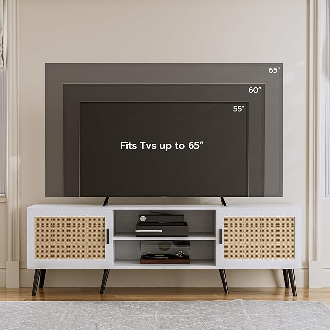 TV Stand for TVs up to 65'' Mid Century Modern Entertainment Center with Rattan Door Shelves &amp 2 Cabinets Boho Media TV Console for Living Room Bedroom White