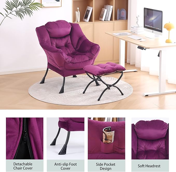LITA Lazy Chair with Ottoman Modern Accent Leisure Upholstered Sofa Chair Contemporary Lounge Reading Chairs with Armrests and a Side Pocket for Living Room Bedroom &amp Small Space