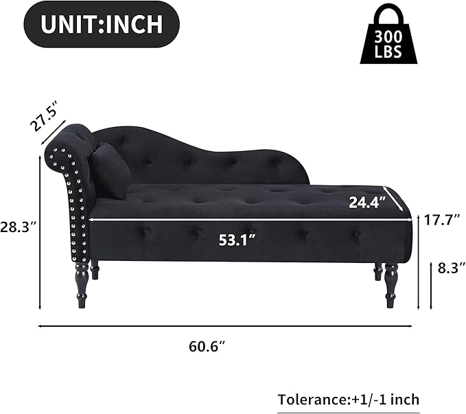 60 Modern Velvet Chaise Lounge Indoor Upholstered Chair with Left Armrest and Lumbar Pillow Button Tufted Lounge Sofa for Living Room Bedroom Office Mini Chaise Longue Sofa (Black)