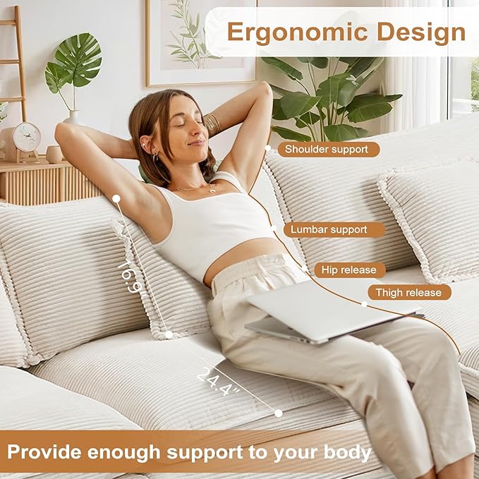 Furniliving Oversized Accent Chair with Ottoman Luxury Corduroy Single Sofa Upholstered Deep Seat Chaise Lounge with Pillows for Living Room Bedroom Apartment Beige