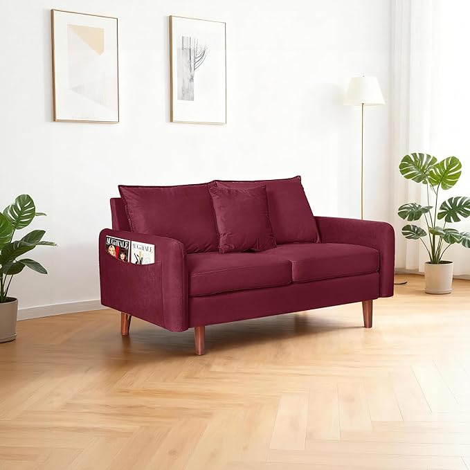 56.1 Round Arm Velvet Loveseat with Side Pockets and a Square Pillow (Burgundy) | Side Storage Pockets Pillow Included