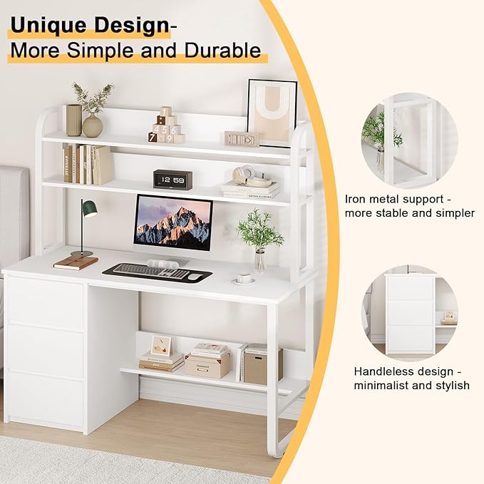White Desk with Hutch 55 Inch Computer Desk with 3 Drawers for Bedroom Study Writing Desk with Shelves for Small Spaces Adjustable Feet
