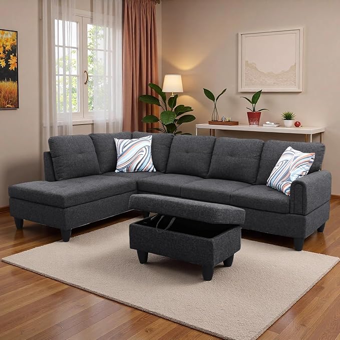 L-Shaped Sectional Sofa with Movable Chaise &amp Storage Ottoman Lounge 3-Piece Modular Convertible Couches for Living Room Apartment &amp Office Black Grey