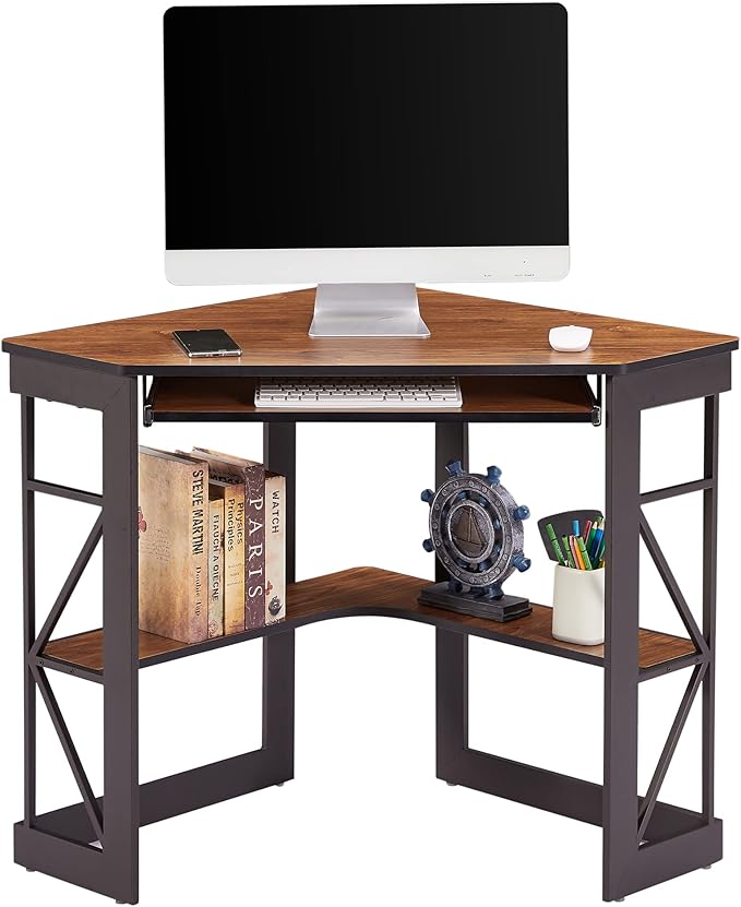 VECELO Desk Corner Tables for Living Room for Small Space Triangle Computer Desk with Steel Frame Corner Shelves with Metal Frame Writing Desk for Workstation Brown 41