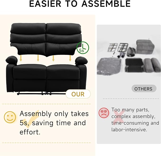 Double Recliner Loveseat Leather Reclining Loveseat 2 Recliners Set Wall Hugger Loveseat Recliner Sofa for Living Room RV Home Theater Seating(Black 2 Seater Sofa)